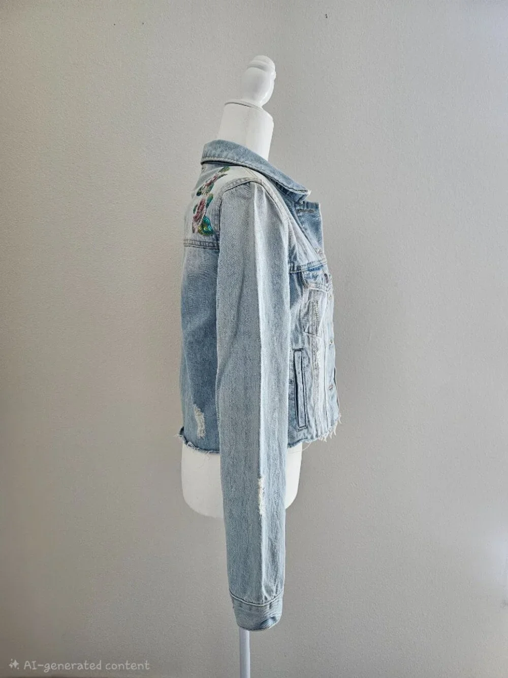 Cropped Floral Sequin Denim Jacket Light Wash NWOT Size M - Picture 4 of 13